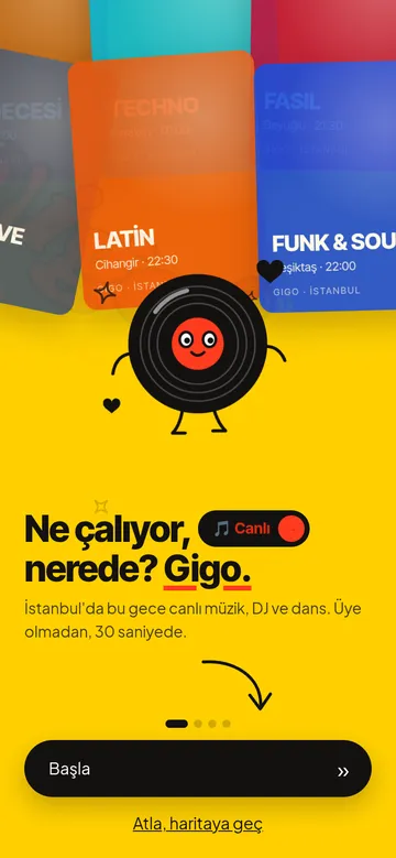 Gigo mobil uygulama karşılama ekranı: "Ne çalıyor, nerede? Gigo."